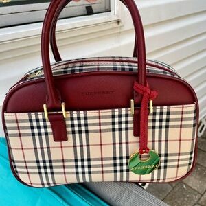 Burberry Burgundy and Beige Plaid Satchel 100% Authentic